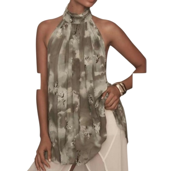NWT Anthropologie Halter Tank Sage Green Floral Pattern Size Medium Boho Flowy - Picture 1 of 11